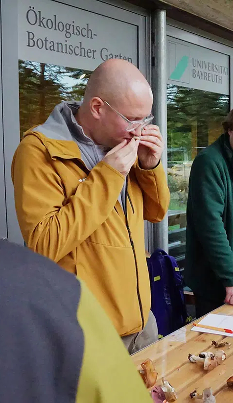 Philipp Sikorra riecht bei der Pilzbestimmung an einem Fruchtkörper